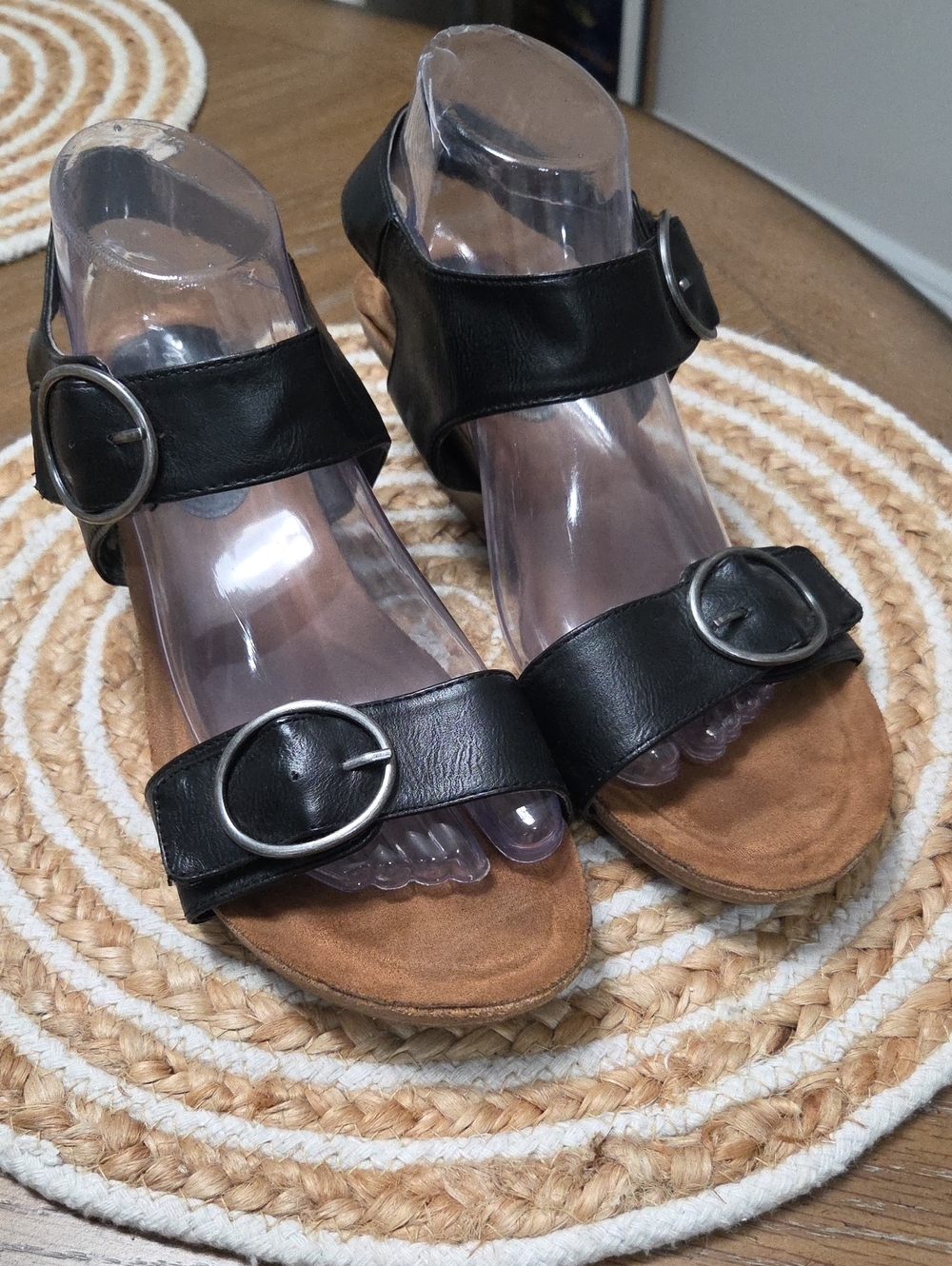 Vintage 7 Eight Black Double Buckle Comfort Wedge, Size 10